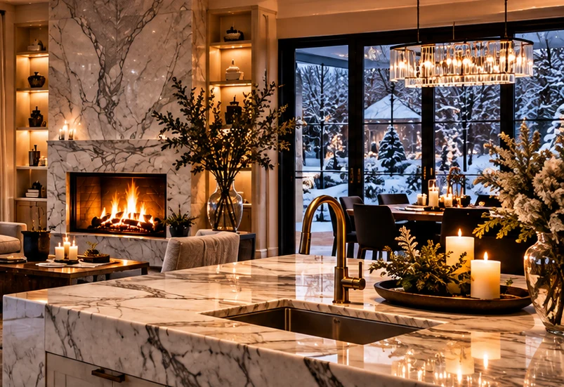 Illustrative concept of a luxury winter interior with a marble fireplace and stone kitchen